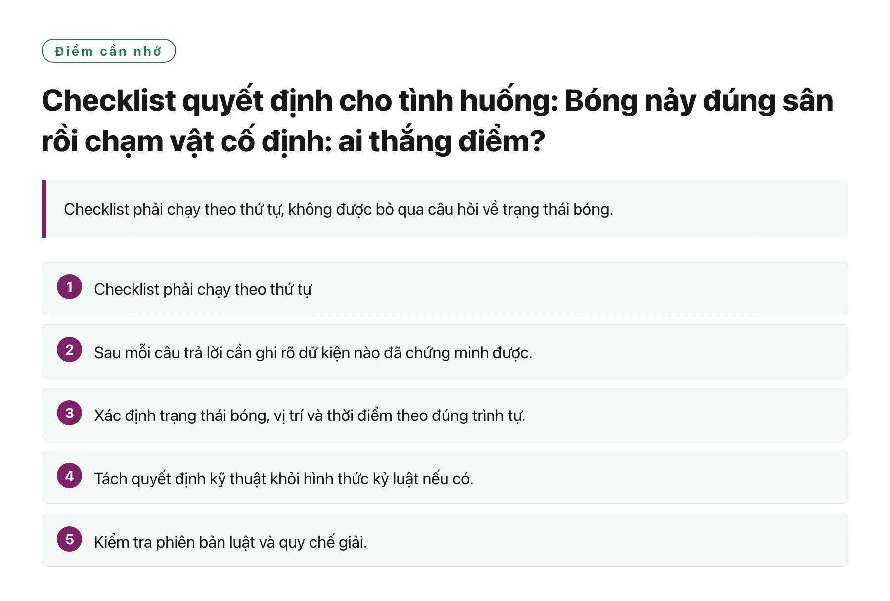 Checklist quyết định cho tình huống: Bóng nảy đúng sân rồi chạm vật cố định: ai thắng điểm?——全文要点速览
