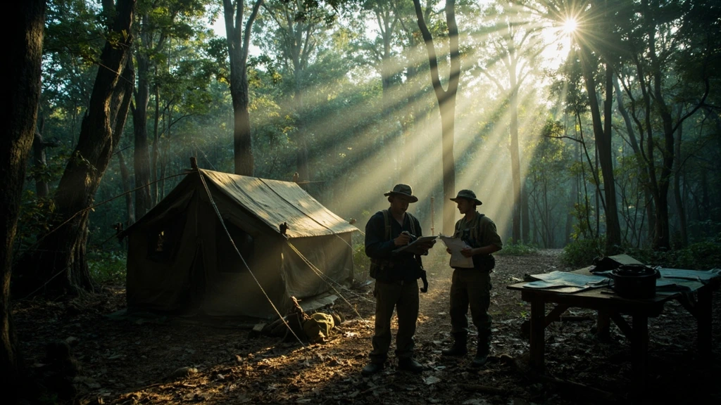 Field research camp under emergent canopy at dawn in primary rainforest
