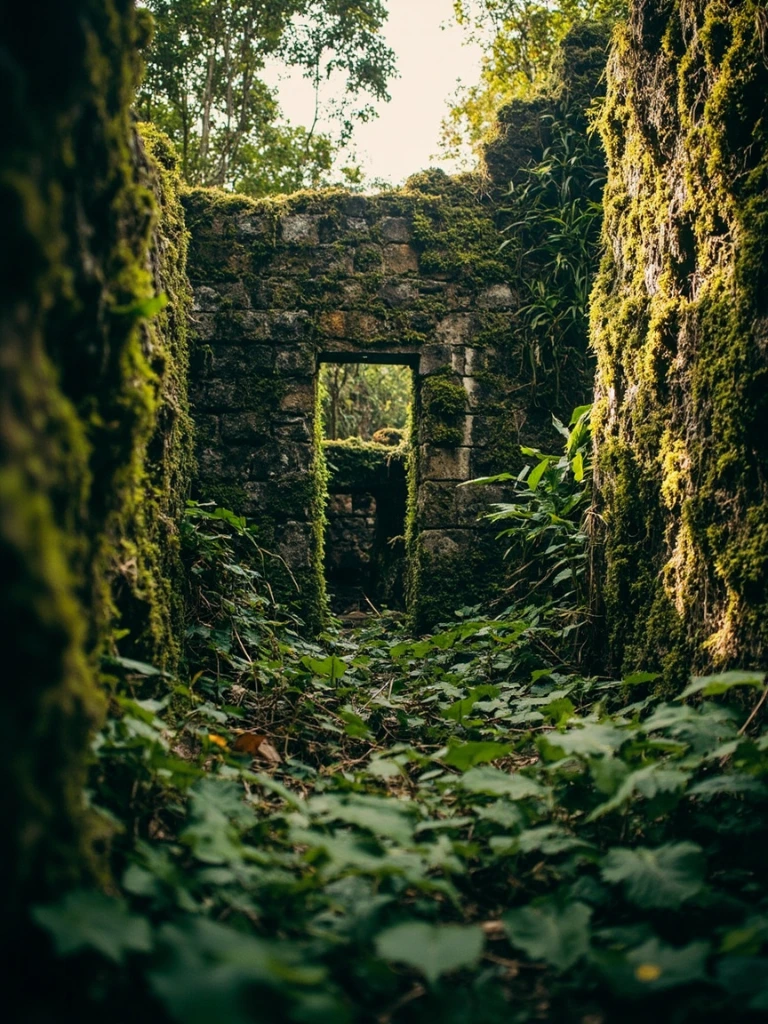 A moss-covered Mayan ruin wall partly reclaimed by jungle in the Maya Biosphere Reserve