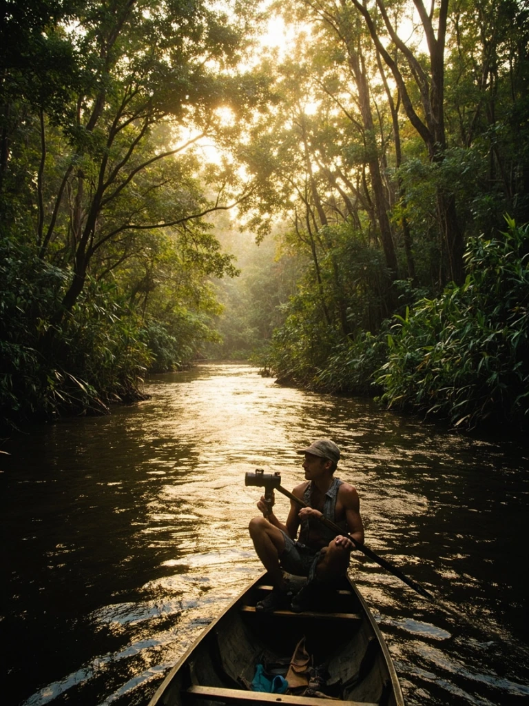 Amazon expedition canoe navigating a forested river bend at golden hour.