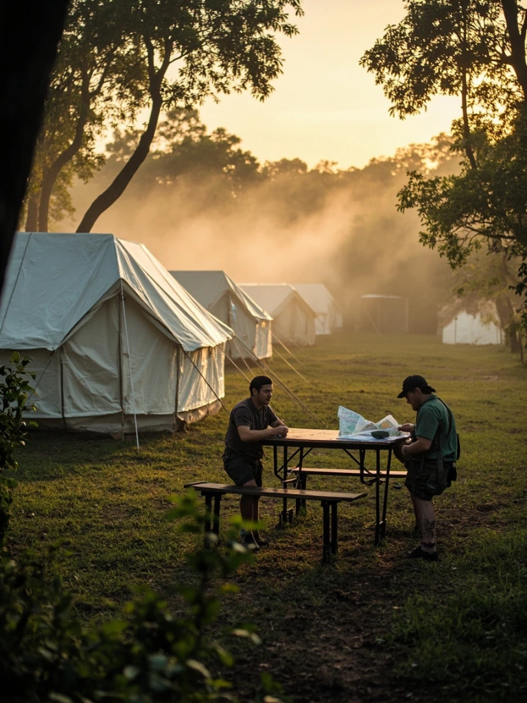 Research camp at the edge of the Maya Biosphere Reserve at dawn.