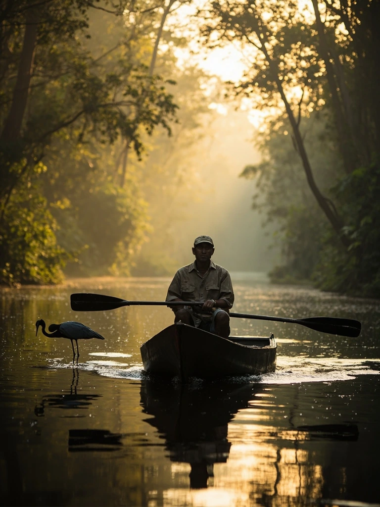 Cofán guide poling a canoe through flooded blackwater forest at golden hour