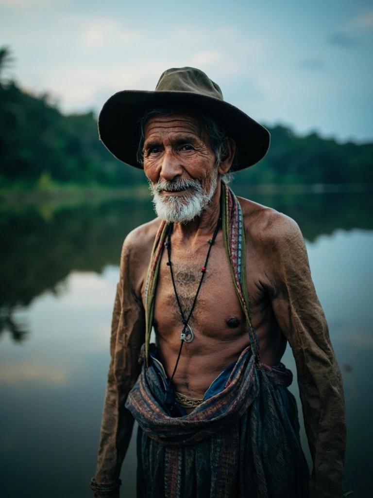 Iban longhouse elder on the river jetty at dusk, Batang Ai reservoir